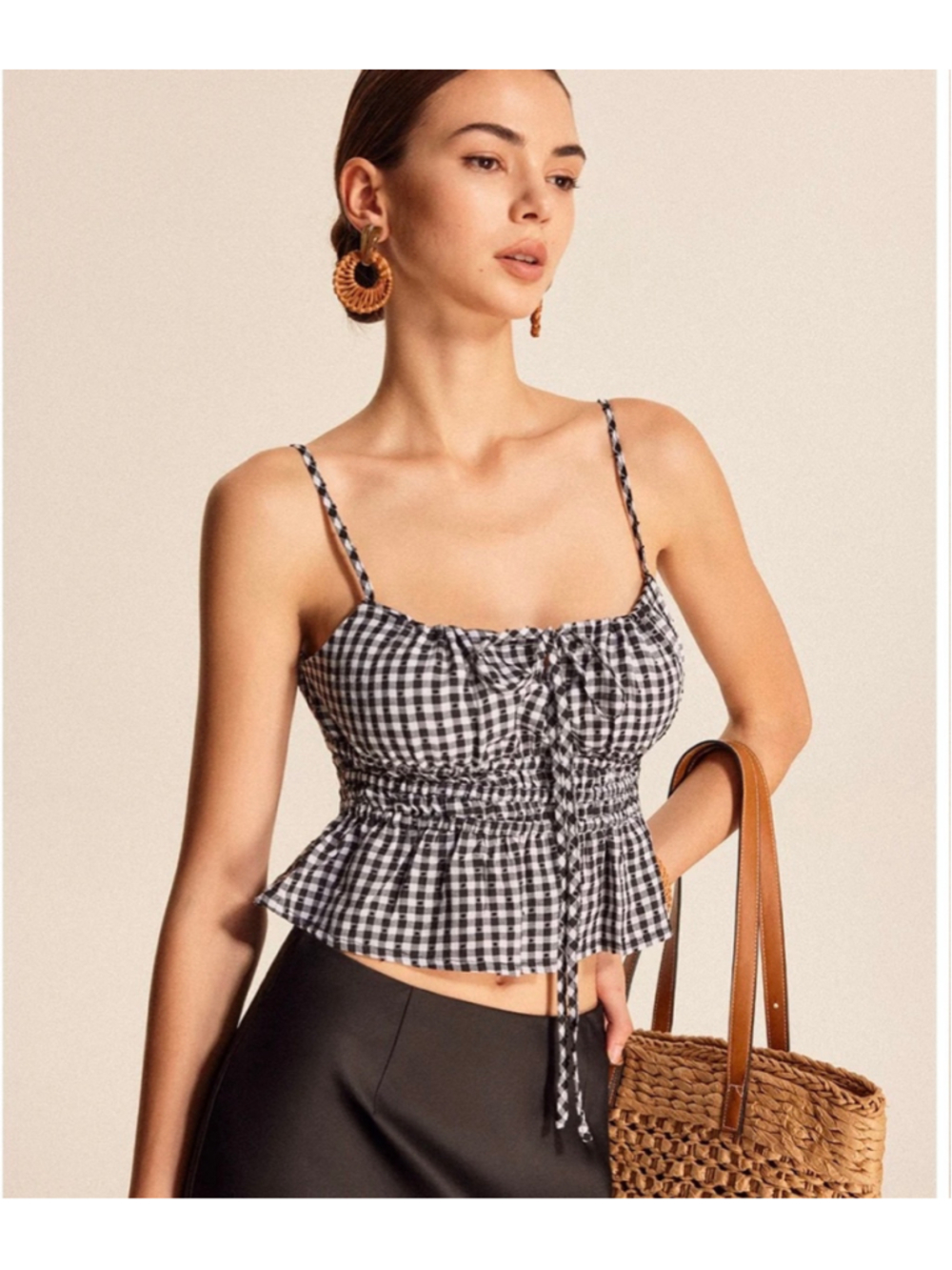Commense Gingham Camisole Babydoll Top Size S Black and White Smocked Milkmaid
